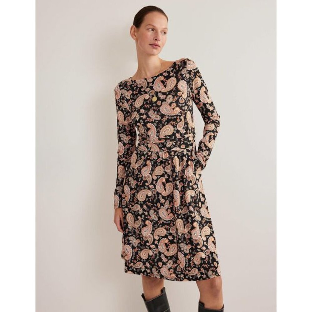 BODEN Abigail Jersey Dress Midi Black Paisley sz 14 Women's
